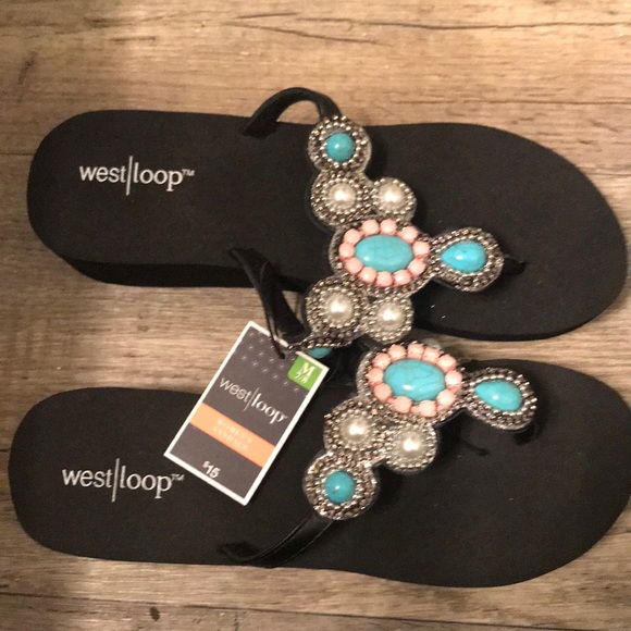 Black with pearl and turquoise stone thong sandal - Picture 2 of 3